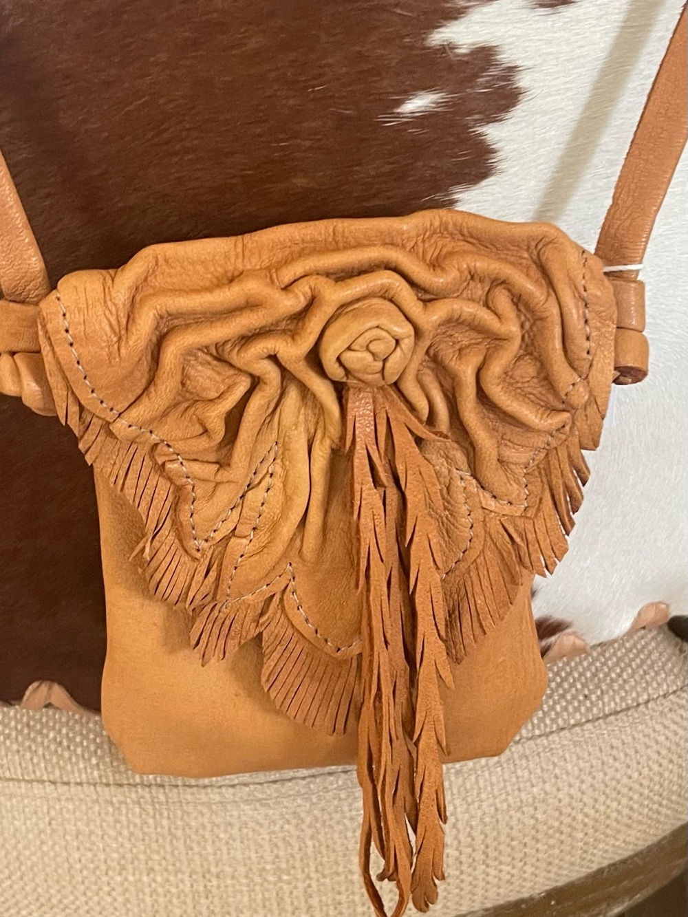 Carmel Fringe Leather Crossbody Bag Deer Skin. Artist Vickie Love.